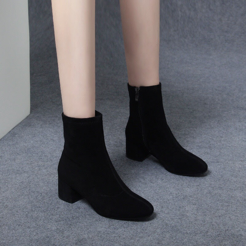Women's Sheepskin Booties Matte Mid Chunky Suede Heels