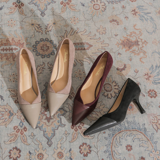 Women's Retro Maroon V Cut Stitching High Stiletto Pointed Temperament Elegant Women's Fashion Shoes