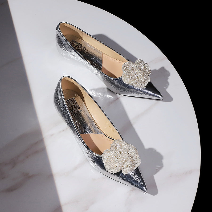 Women's Style Low-cut Pearl Flower Bow Tie Wedding Wedge Heels