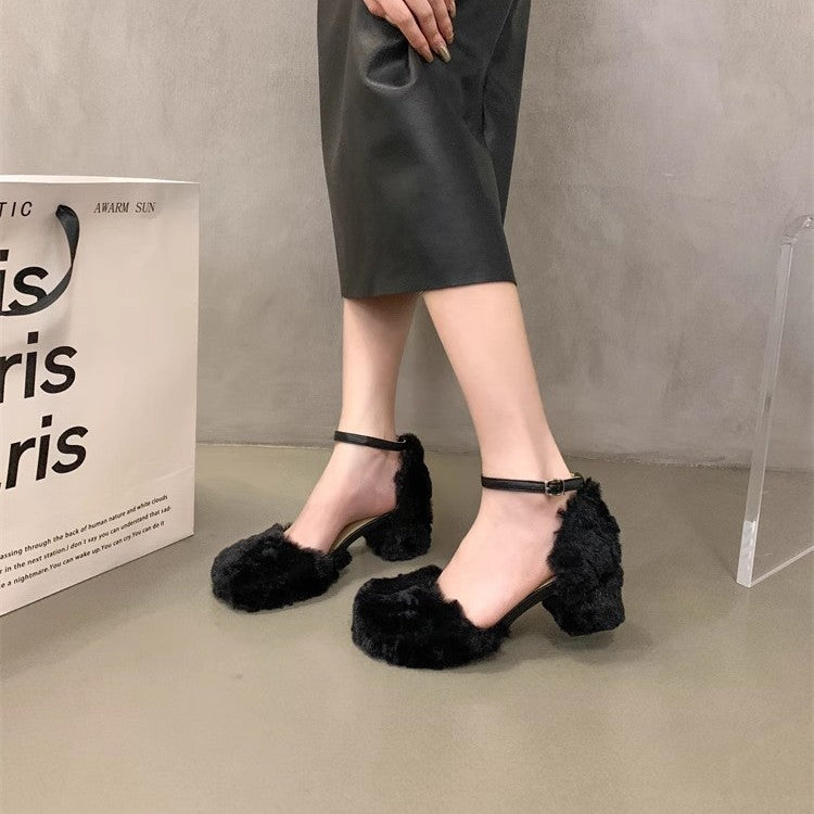 Women's Square Head Hollow Fluffy Fashionable Mary Jane Autumn Heels