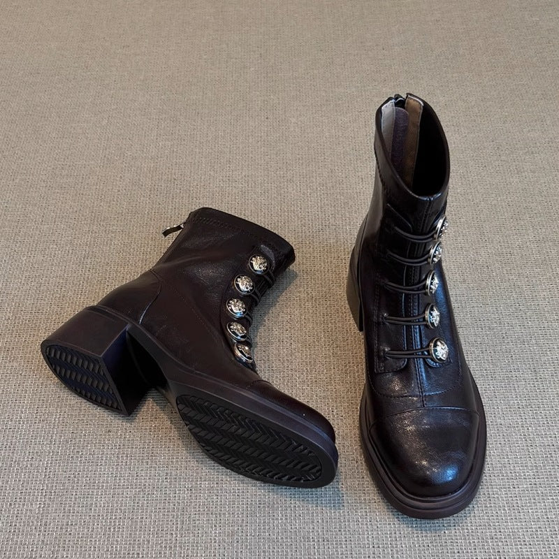 Women's Style Chunky Badge Small Golden Button Booties Versatile Boots