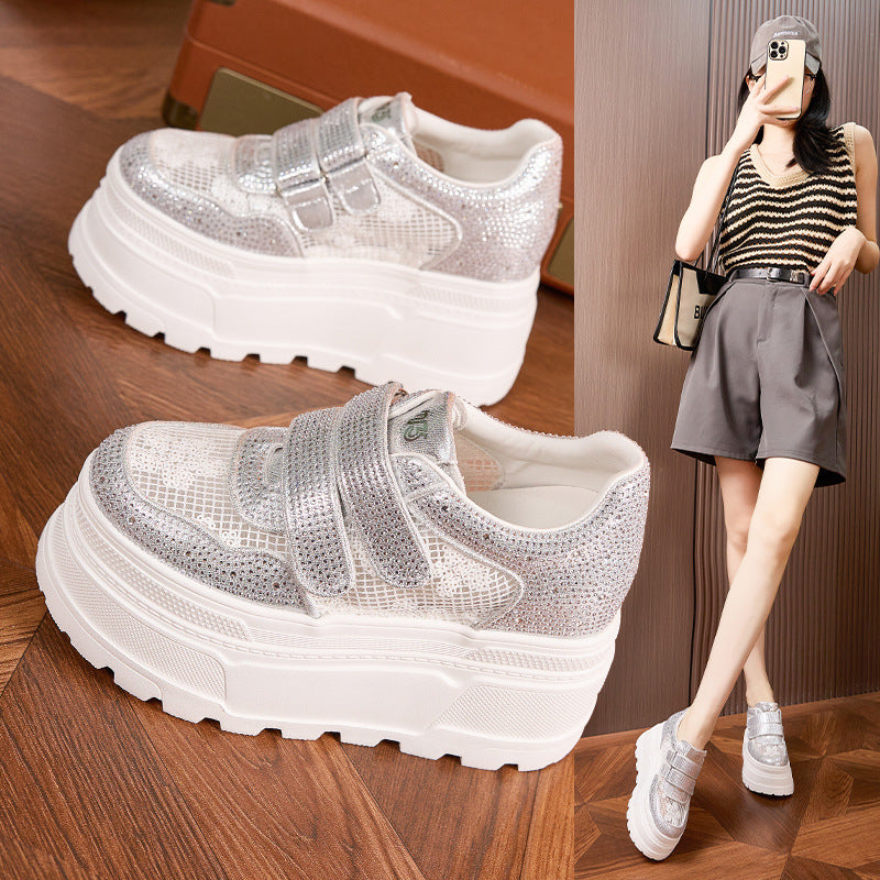 Women's Platform White Hidden Breathable Mesh Rhinestone Women's Casual Shoes