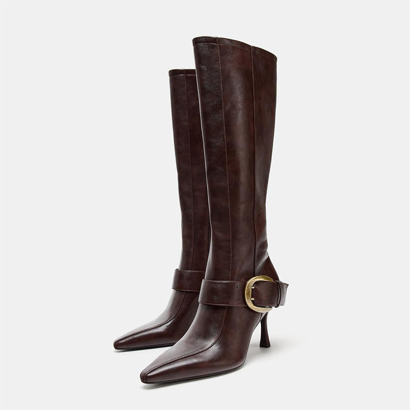 Women's Metal Buckle High Pointed Toe Skinny Heels