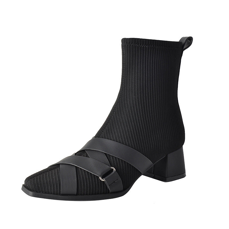 Cross Belt Buckle Square Toe Sleeve Boots