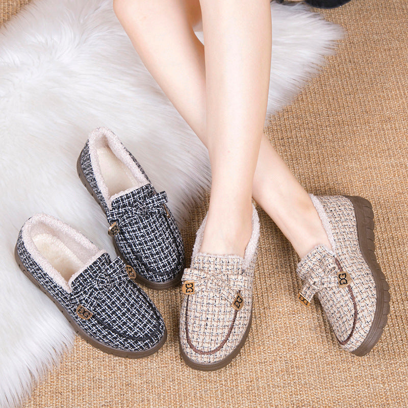 Women's Warm Keeping Plaid Cotton Flat For Outdoors Women's Shoes