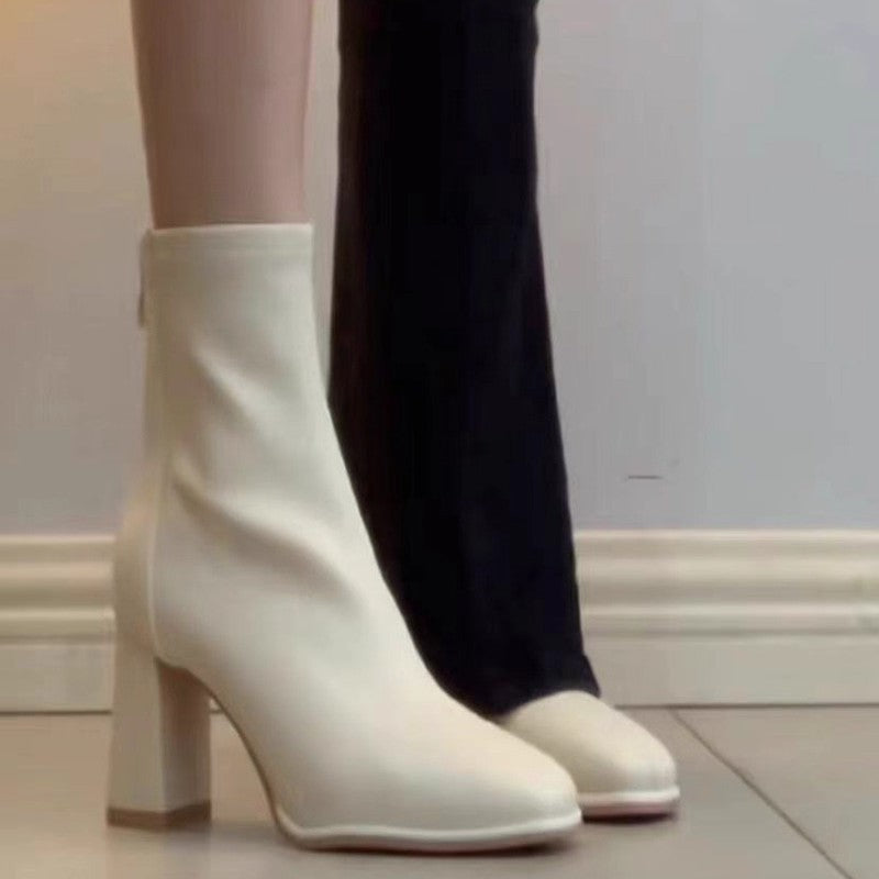 Women's Beige French Style Temperament Gas Field High Women's Leather Boots