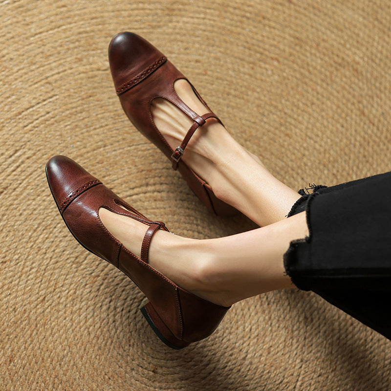 Women's First Layer Cowhide Retro Style Pumps Thick Women's Fashion Shoes
