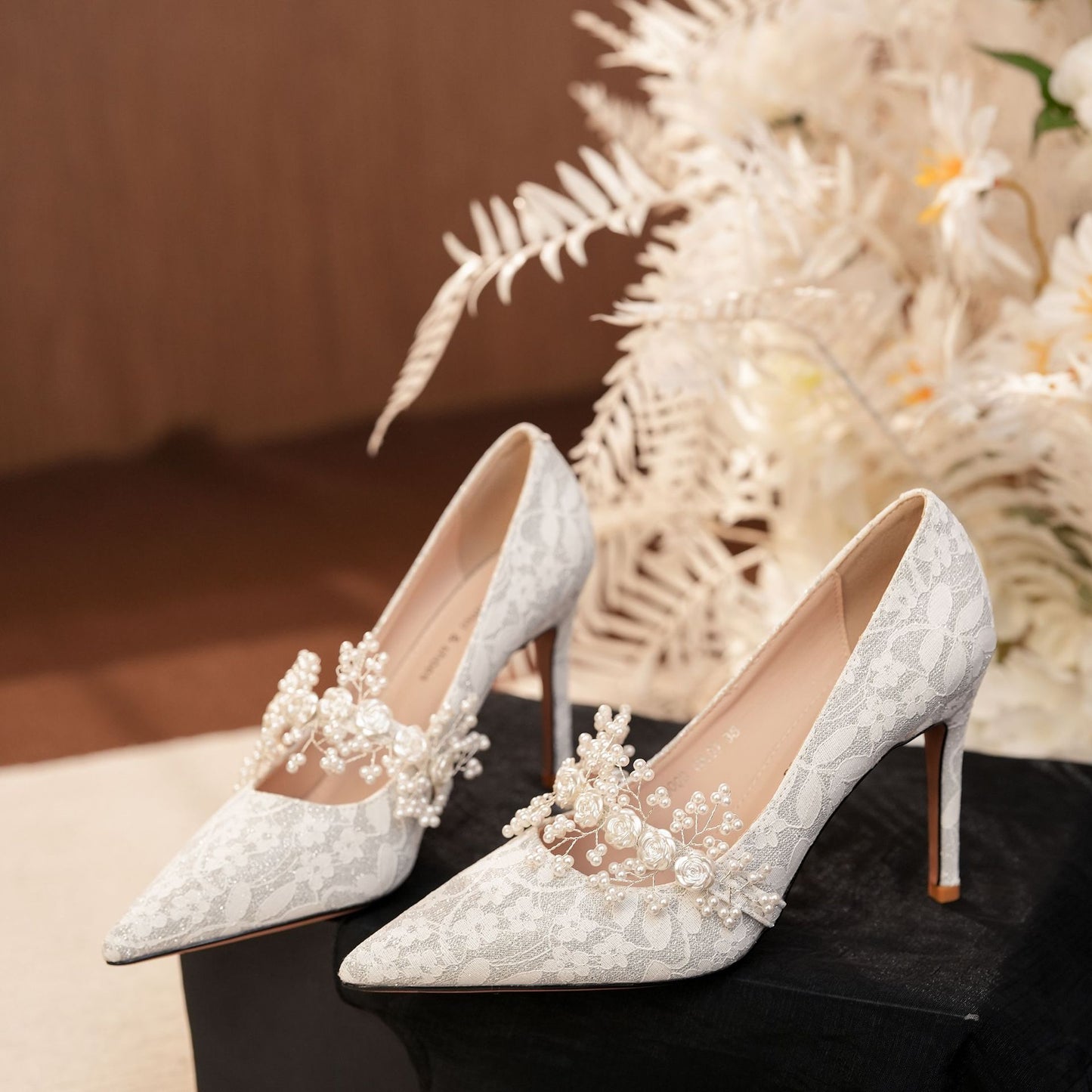 Satin French Lace Wedding Banquet Dress Stiletto High Women's Fashion Shoes