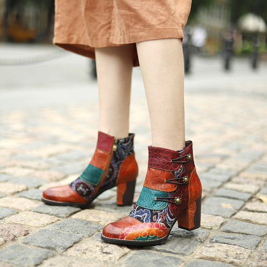 Women's Stitching Jacquard Techniques Fashion Comfortable Thick Women's Leather Boots