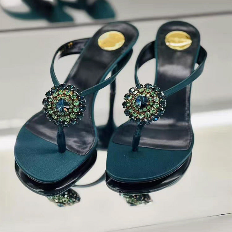 Women's Rhinestone Flower Retro Stylish Flip-flops High Heeled Sandals