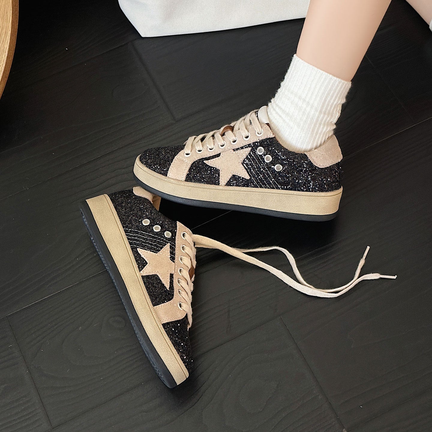Women's Her Sequins Golden Goose Autumn Distressed Star Round Toe Women's Casual Shoes
