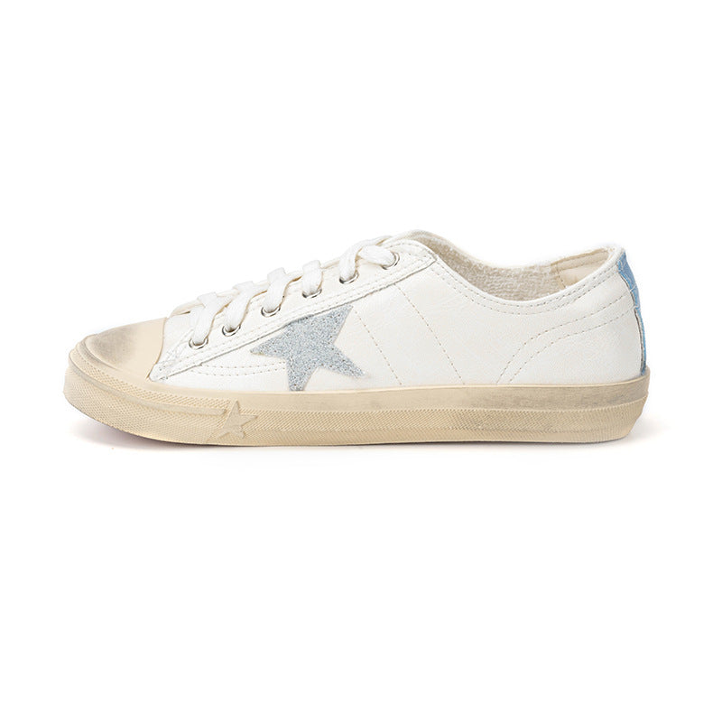 Cowhide Distressed Dirty Retro Lace Up Star Pattern Female Golden Women's Casual Shoes