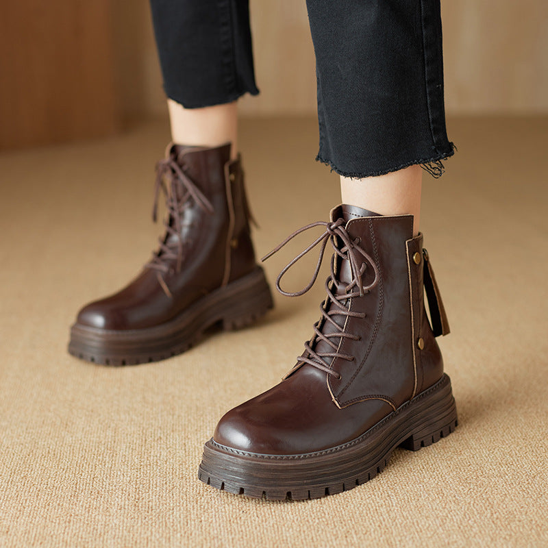 Women's Cowhide Martin Fleece-lined Platform Chunky Vintage Crumpled Motorcycle Women's Leather Boots