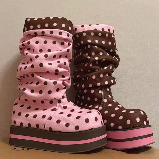 Chocolate Pink Polka Dot Muffin Platform Pleated Length Loose Socks Women's Snow Boots