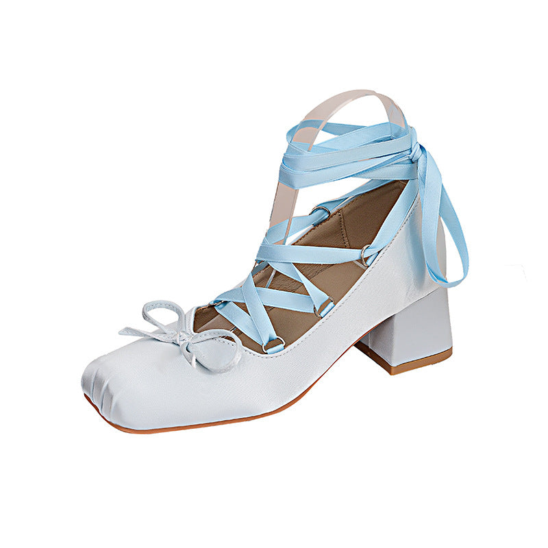 Chunky Pink Cross High Ballet Style Outside Heels