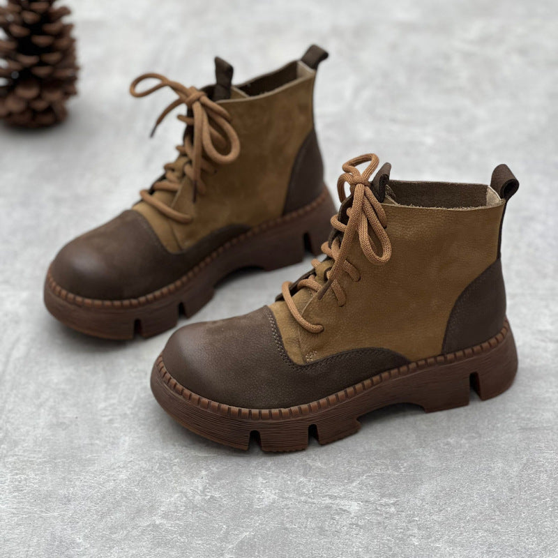 Retro Handmade Genuine Platform Martin Round Toe Women's Leather Boots