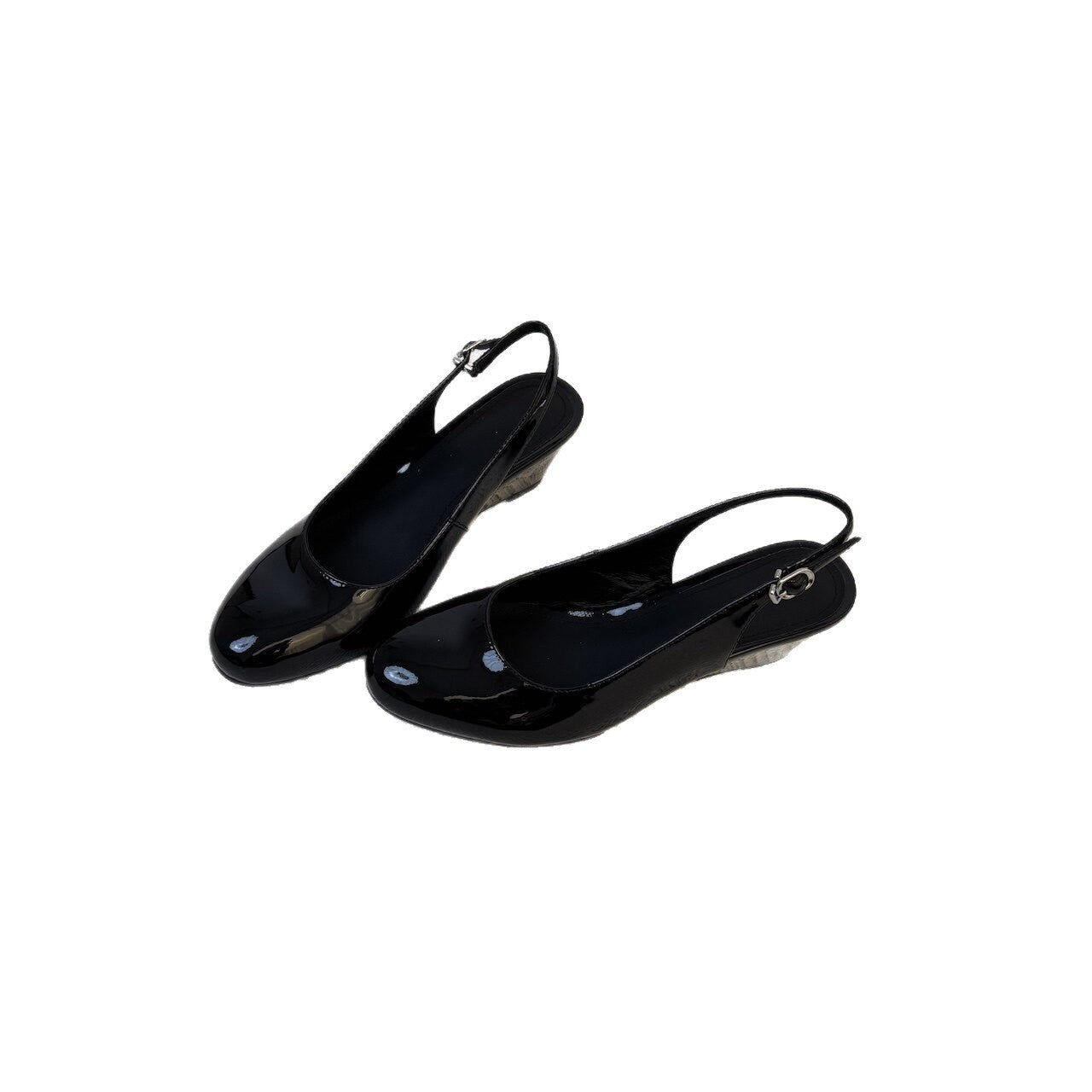 Spring Elegant Wedge Black Paint Round Toe Soft Bottom Commuter Leather Shoes