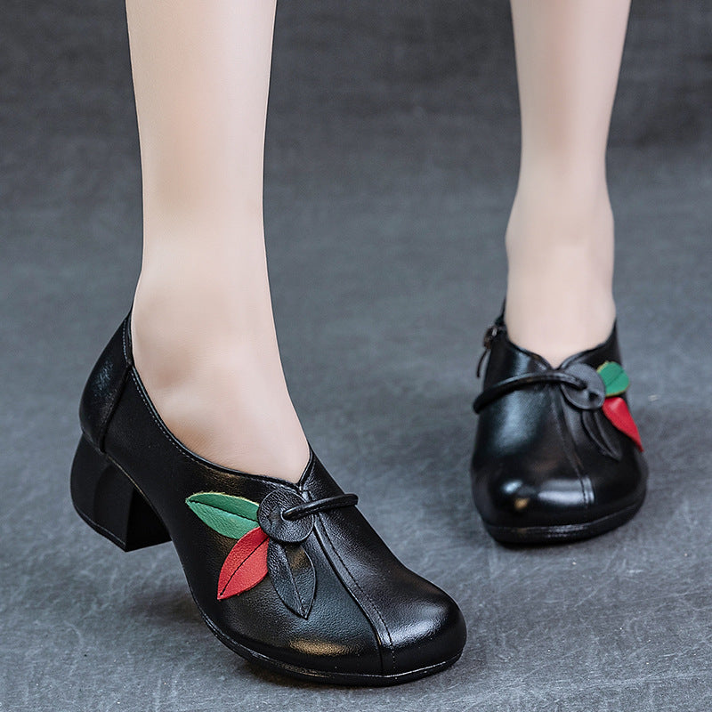Women's Autumn Thick Soft Bottom First Layer Cowhide Ethnic Style Flower Heels