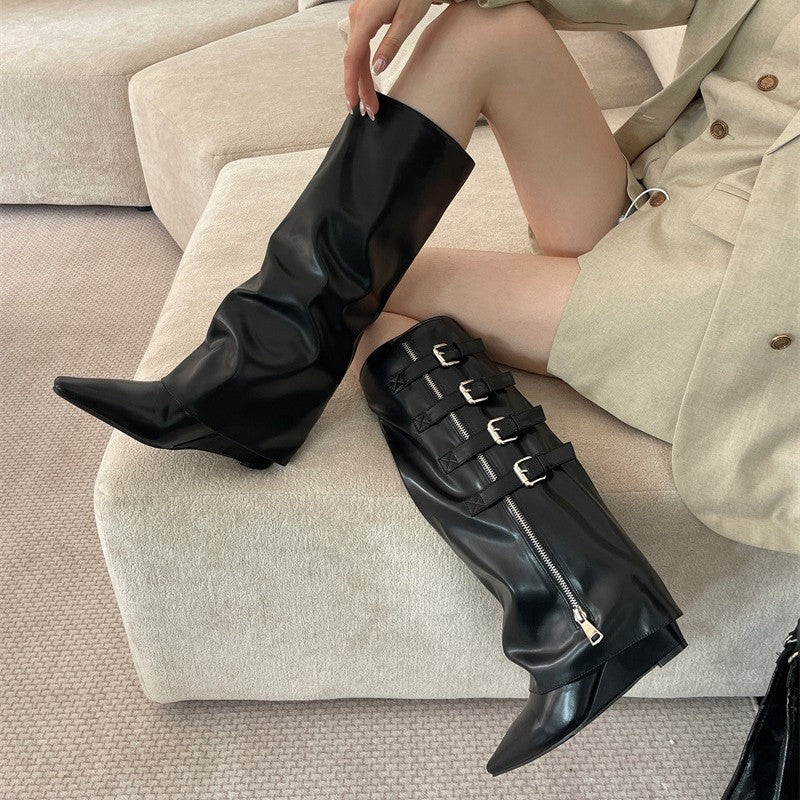 Women's Hot Fashion Zipper Belt Buckle High Thick Skinny Long Pants Boots