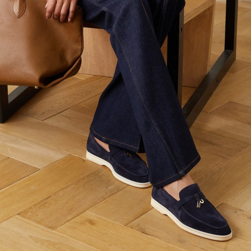 British Slip-on Lazy Pumps Deerskin Round Head Tassel Hardware Women's Casual Shoes
