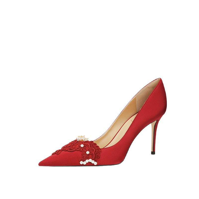 Women's Main Wedding Dress Spring Red Not Tired Feet Satin Heels