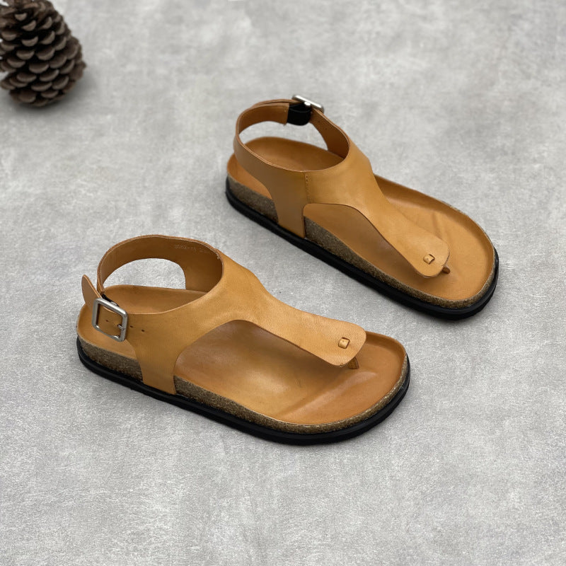 Women's Handmade Genuine Herringbone Toe Covering Solid Color Square Buckle Simple Flat Sandals