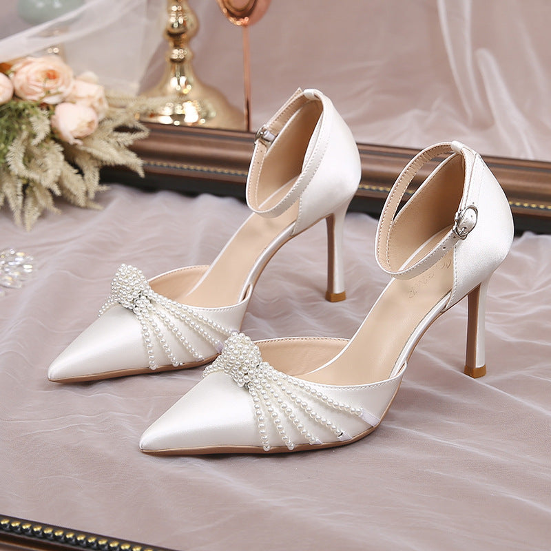 Women's Pearl Pointed Toe Stiletto Buckle Strap High Sexy Satin Pumps Heels