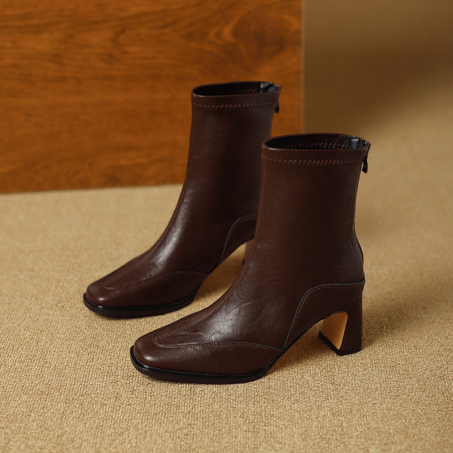 Women's Square Toe Booties Chunky Back Zip Soft Artistic Retro Style Women's Leather Boots