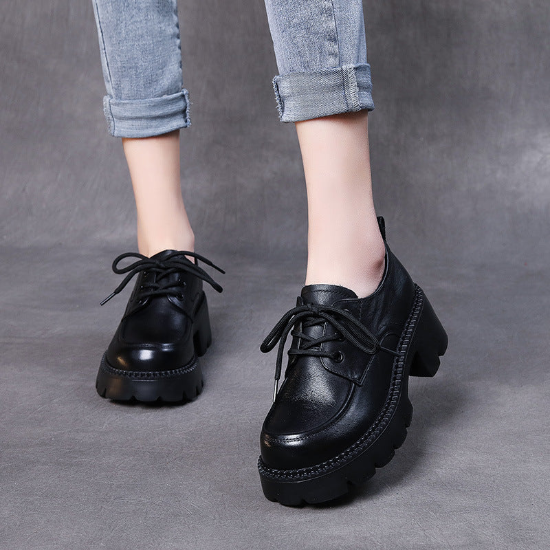 Women's Grain Cow Chunky Thick Bottom Four Pumps Loafers
