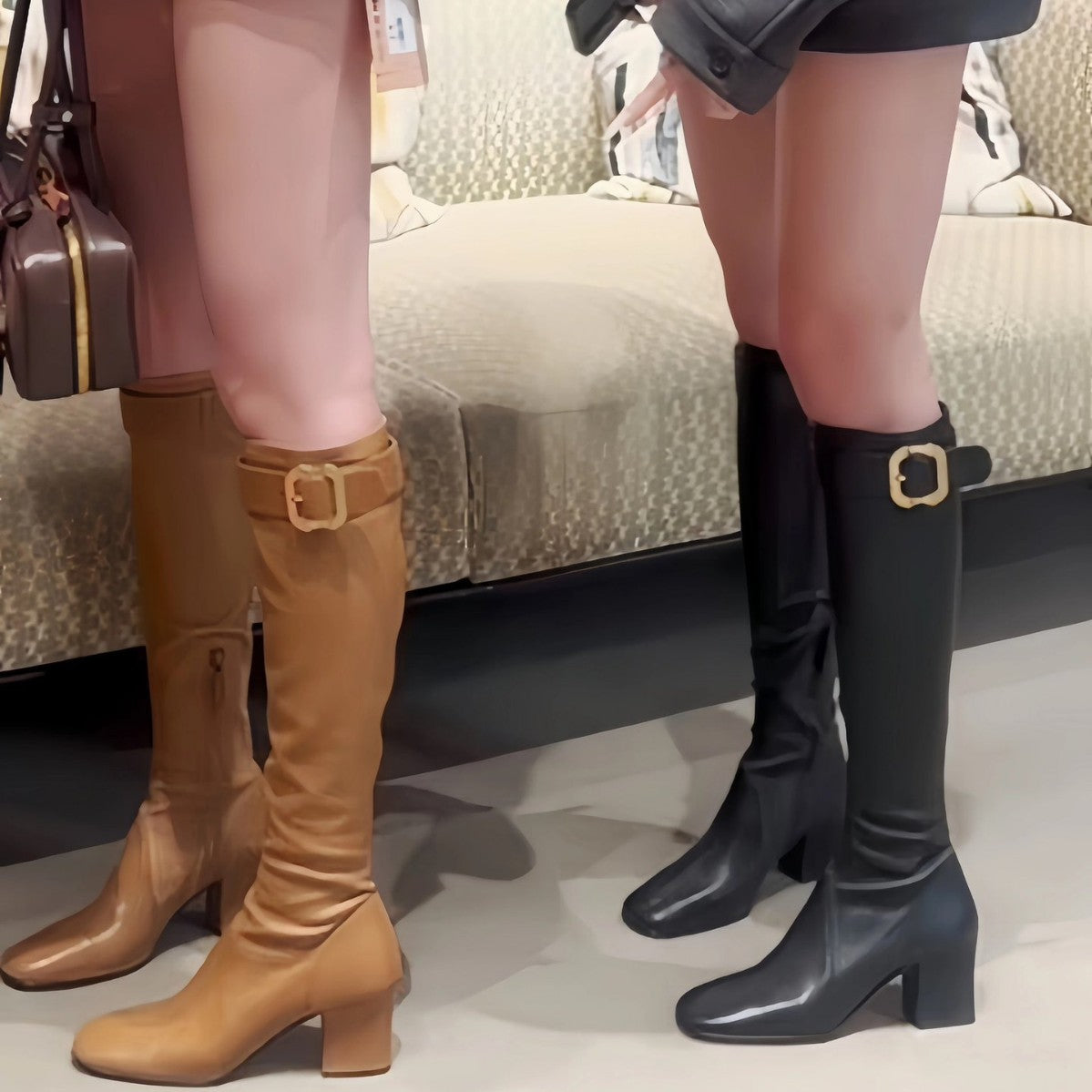 Mom Chunky Zhang Gold Buckle Half Zipper Women's Leather Boots