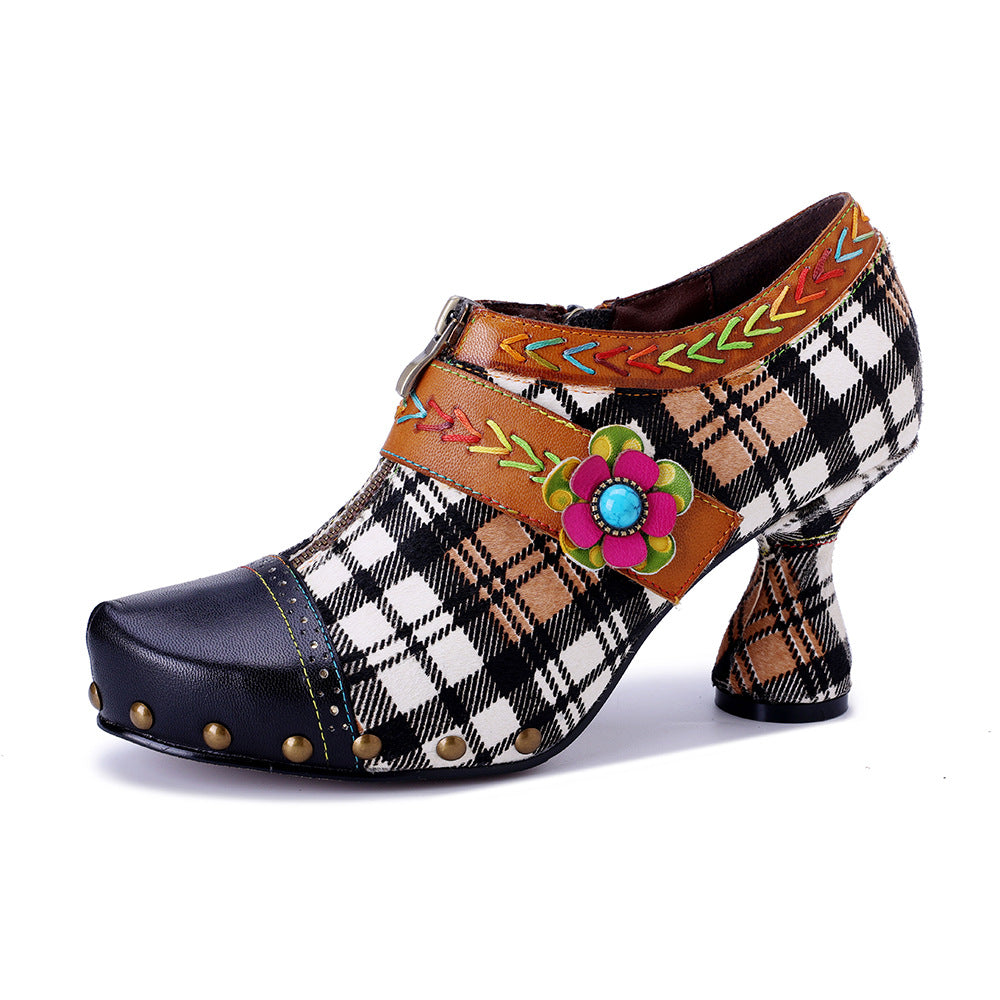 Women's Genuine Hand-rub Color Retro Plaid Printed Women's Fashion Shoes