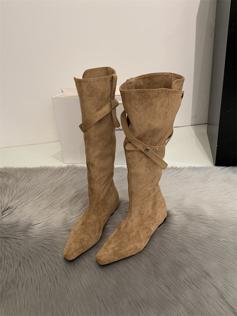 Women's Retro Low Tall Knight Two-way Pile Western Heels