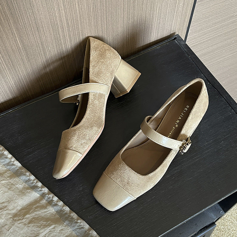 Women's Toe Chunky Pumps Mid Soft Buckle Mary Heels