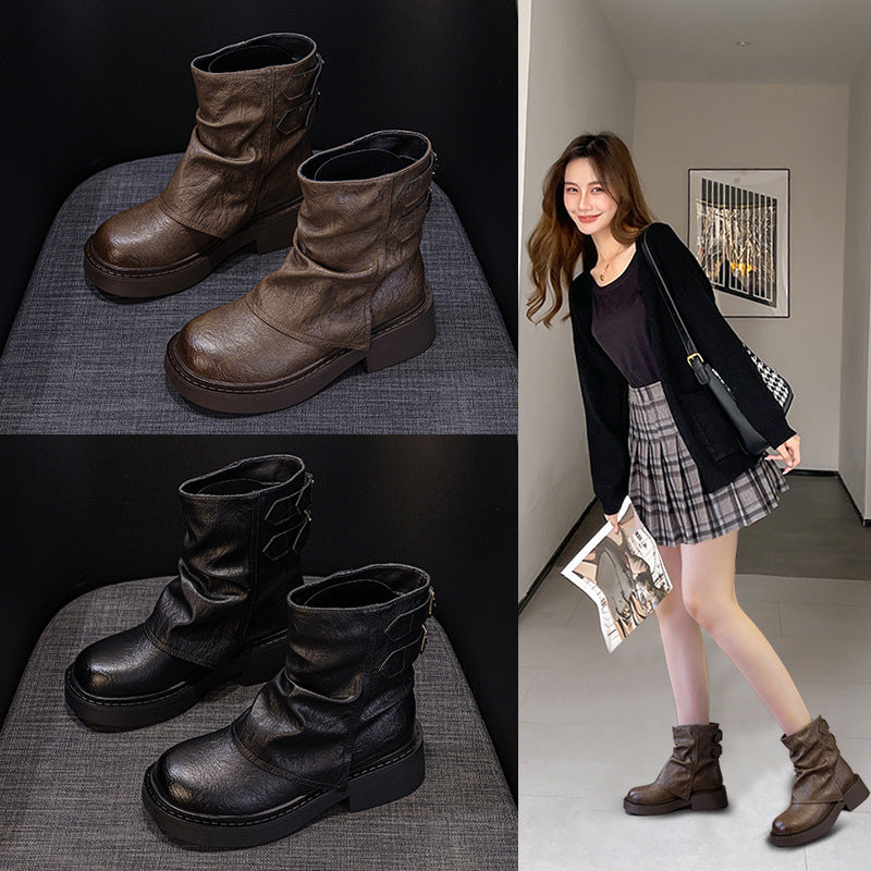 Women's British Style Short Pleated Knight Platform Pants Pile Boots
