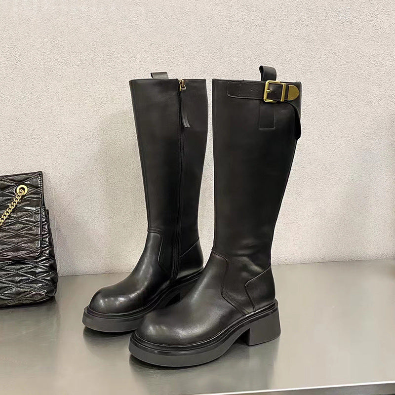 Women's Widened Metal Buckle Knight Fleece-lined Black Round Chunky Women's Leather Boots