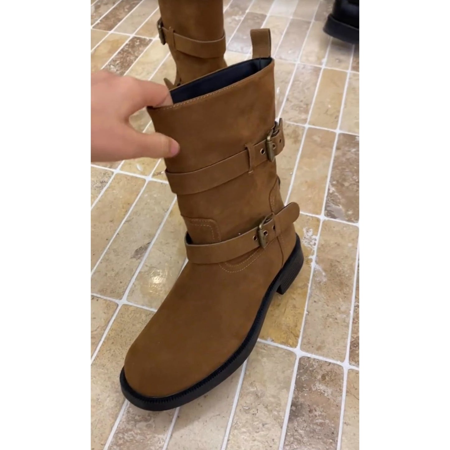 Women's Belt Buckle Round Head Chunky Martin Slimming Heels
