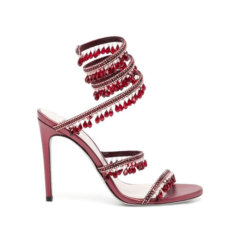 Women's Crystal Pendant Snakelike Winding Rhinestone Tassel Decoration Large Size Flat Sandals