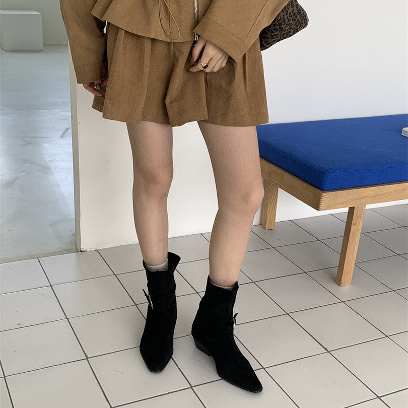 Women's French Style Square Toe Booties Chunky Ankle Vintage Crumpled Boots