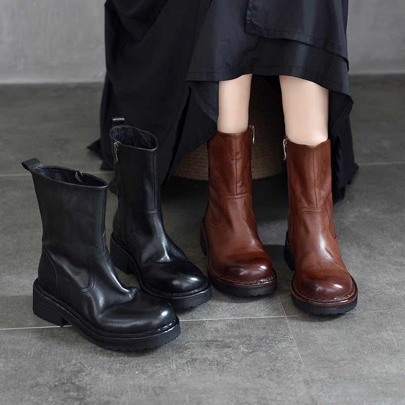Women's Thick Bottom Mid High Quality Round Head Boots