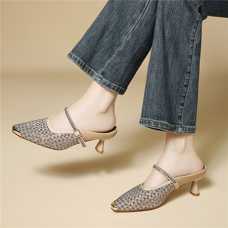 Jane Elegant High-grade Muller Rhinestone Mesh Slippers