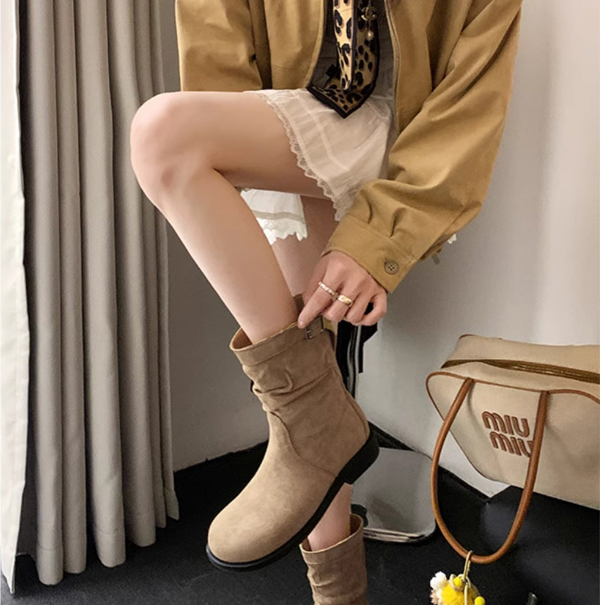 Women's Toe Pleated Suede Chunky Platform Pile Low Cut Short Women's Leather Boots