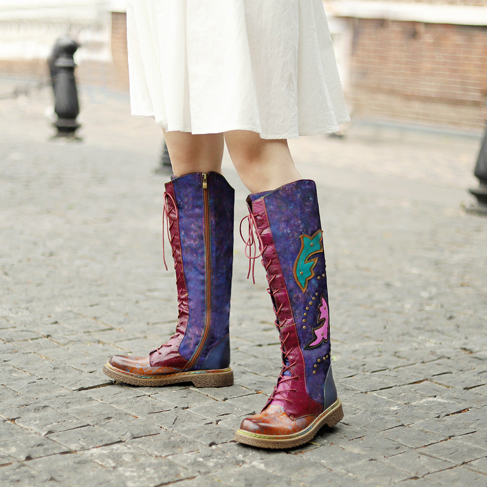 Women's Export Motorcycle Texture Unisex Style Dark Flower Women's Leather Boots