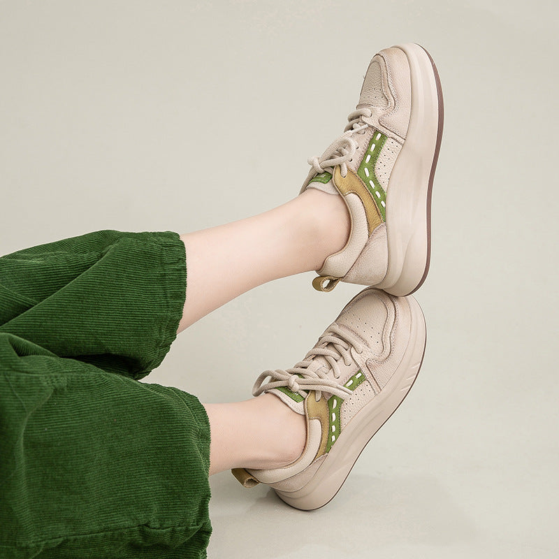 Women's Layer Cowhide Retro Pumps Round Head Front Trendy Women's Casual Shoes
