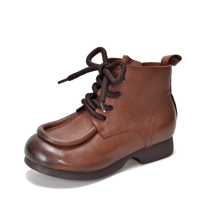 Women's Cowhide Handmade Short Lace Up Round Toe Flat Cozy Women's Leather Boots