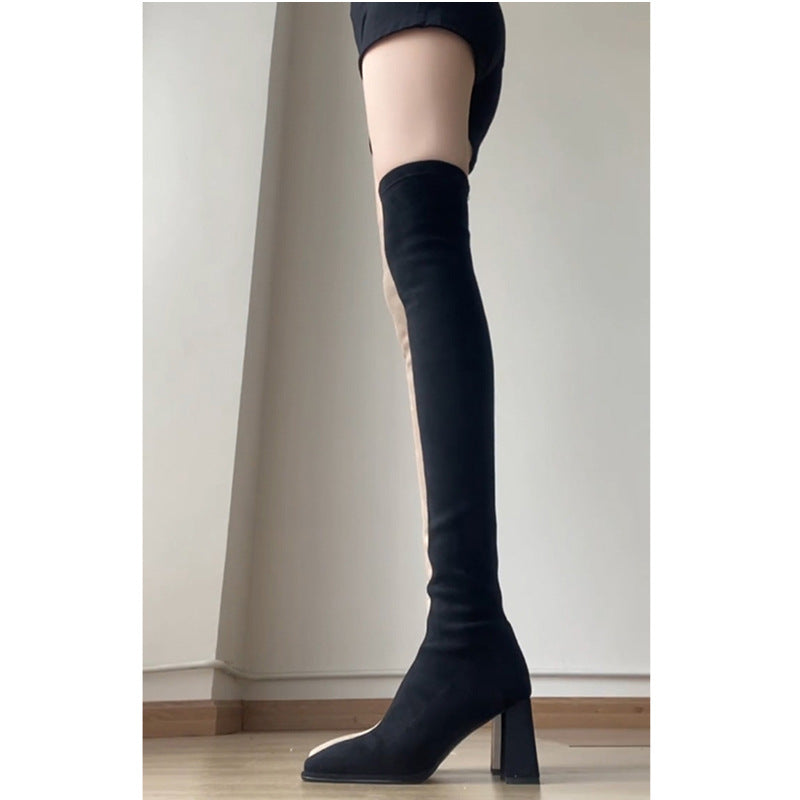 Women's Square Toe Thick High Suede Skinny Tube Women's Leather Boots