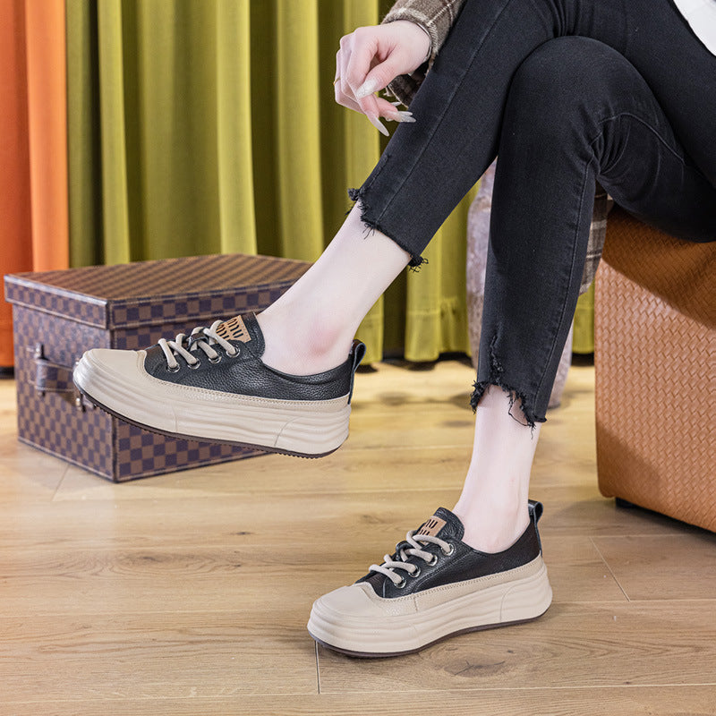 Women's Thick-soled White Not Top Cowhide Board Sneakers