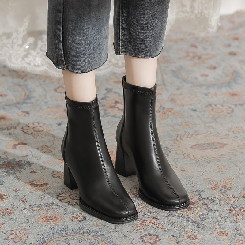 Women's Chunky Martin Simple Square Toe High Slimming Women's Leather Boots