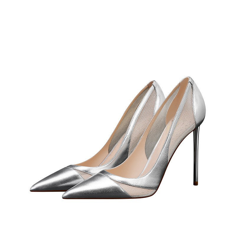 Women's Stitching Mesh Stiletto High Pointed Toe Low-cut Women's Fashion Shoes
