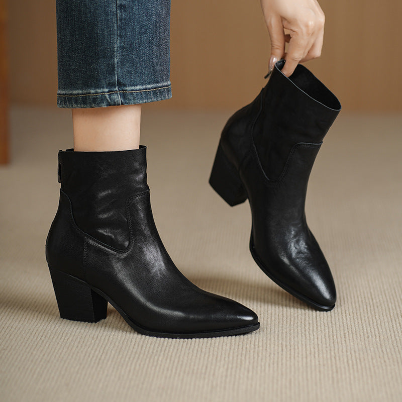 Women's French Retro Pointed Toe Mid Single Martin Ankle Women's Leather Boots