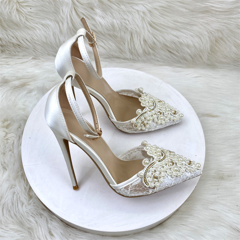 Women's Pointed Toe Cap Rhinestone Lace Buckle High Heeled Sandals